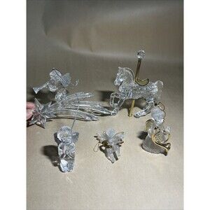 VTG Lot Of 5 Crystal Acrylic Angle Cherub Horse W/ Instrument Christmas Ornament